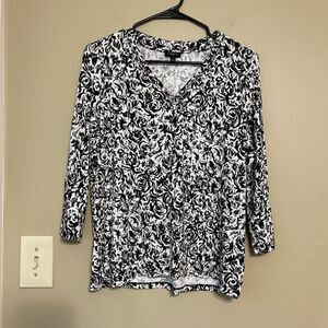 Talbots Women’s Black White V-Neck Floral Black White Grey Blouse Petite Large